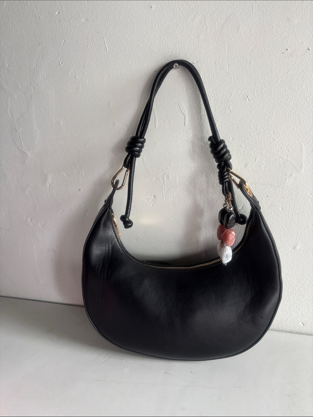 Urban Expressions Black Crescent faux leather Shoulder Bag with Bead Charm